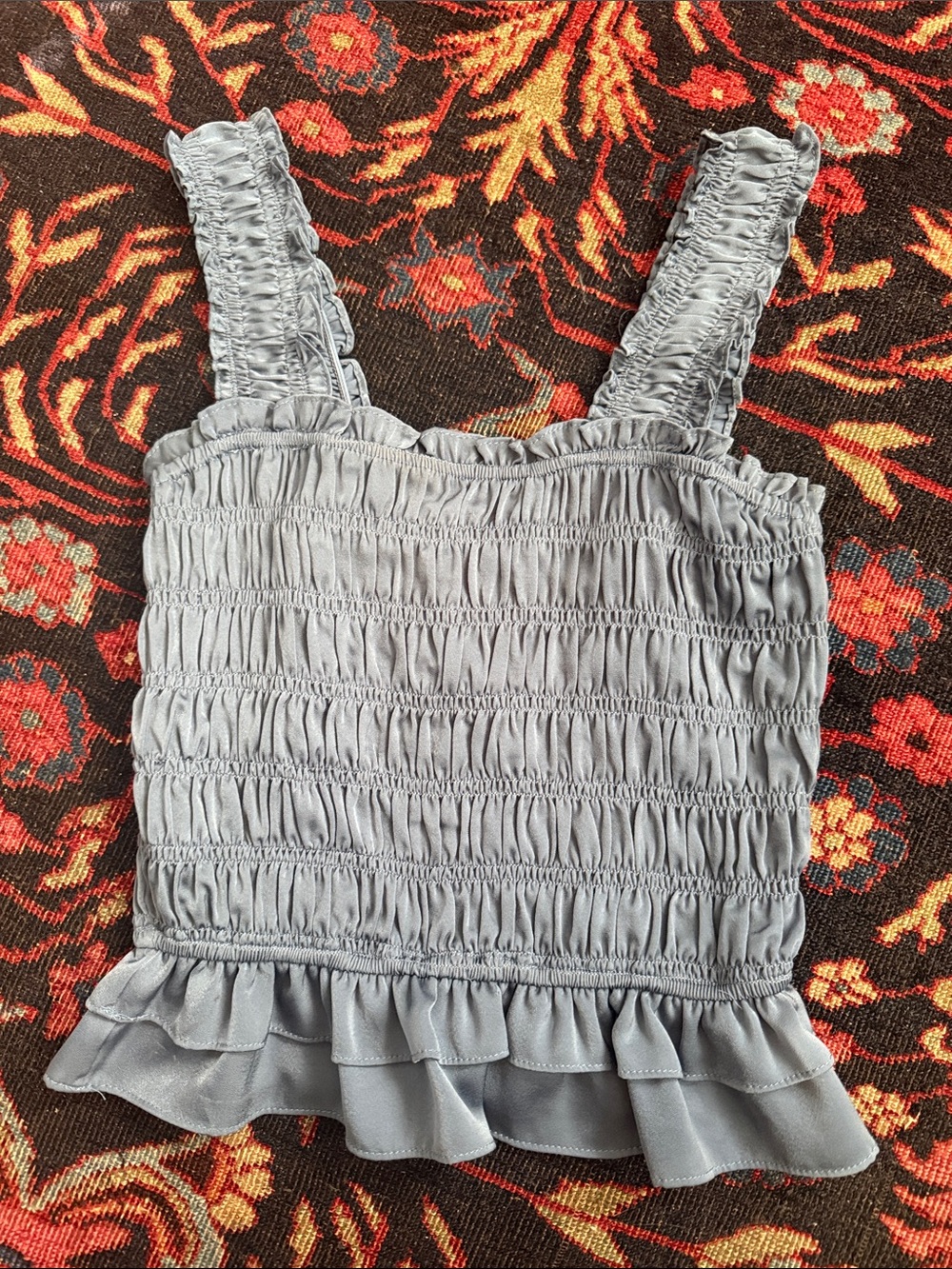 Smocked Ruffle Hem Tank Top - Aqua